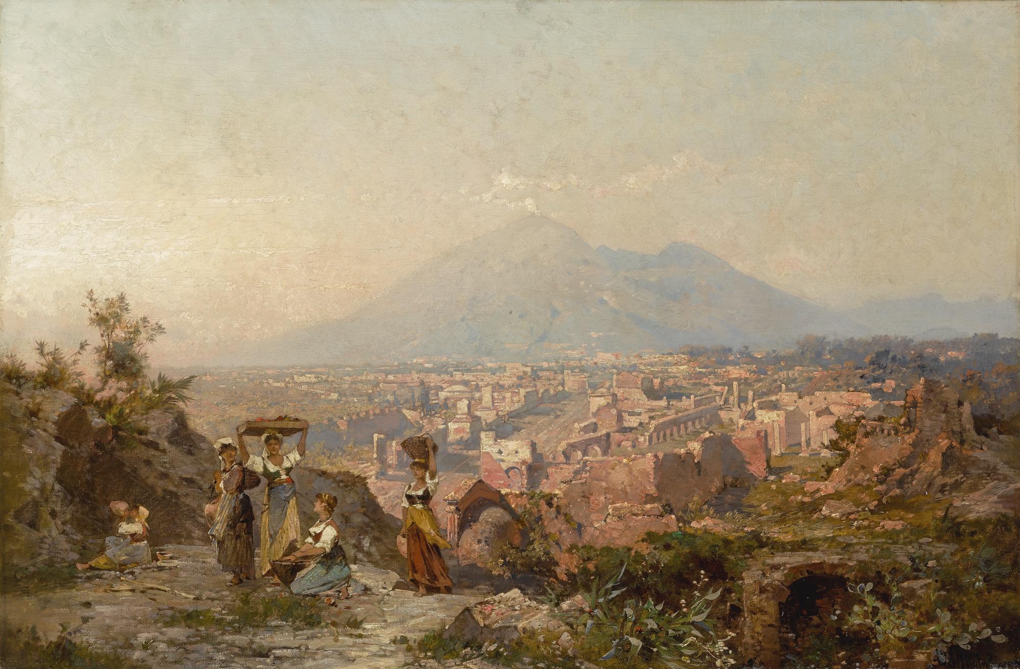 Franz Richard Unterberger - Austrian maidens On A Hill Overlooking Pompeii, Vesuvius Beyond 