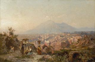 Franz Richard Unterberger - Austrian maidens On A Hill Overlooking Pompeii, Vesuvius Beyond 