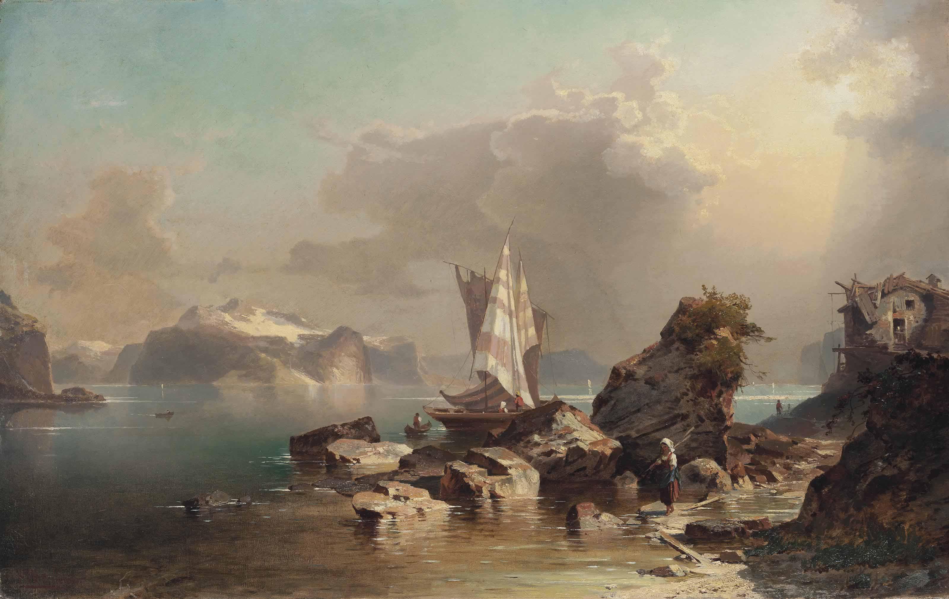 Franz Richard Unterberger - Figures on the side of a mountain lake