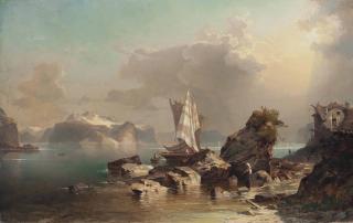 Franz Richard Unterberger - Figures on the side of a mountain lake