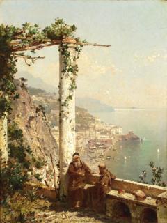 Franz Richard Unterberger - Monks on a terrace, with Amalfi beyond