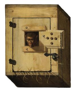 Franz Rösel von Rosenhof - Trompe l\'oeil of a capuchin monkey in his crate (The cheeky monkey)