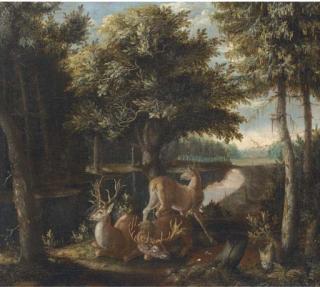 Franz Rosen Von Rosenhoff - A wooded landscape with two stags and a deer in a clearing by a river