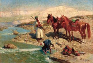 Franz Roubaud - Arab horsemen washing by a river