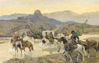 Franz Roubaud - Circassian cavalry fording a stream