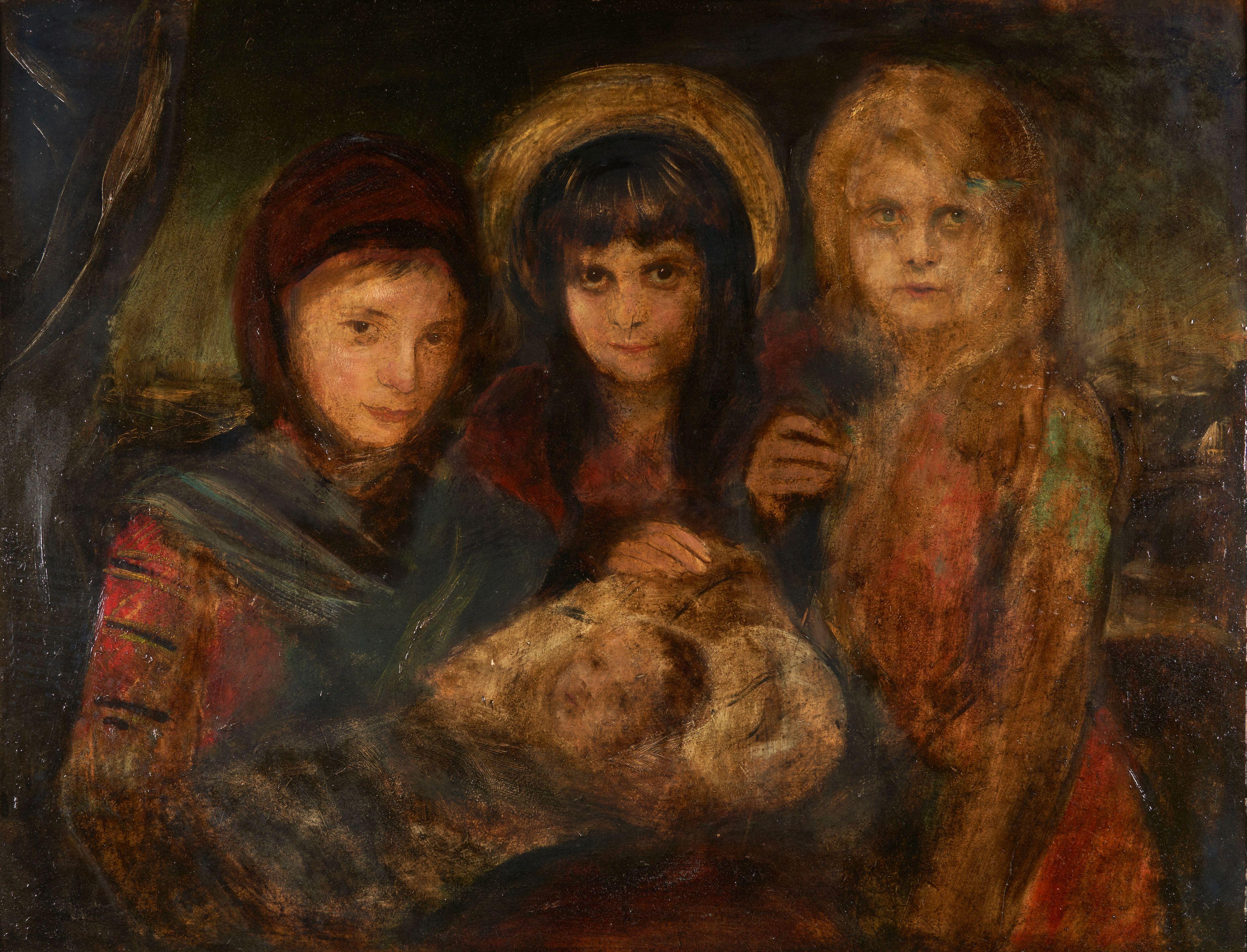 Franz Seraph Von Lenbach - A Portrait of Three Young Girls Holding a Swaddled Baby