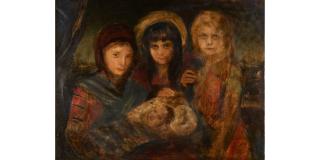 Franz Seraph Von Lenbach - A Portrait of Three Young Girls Holding a Swaddled Baby