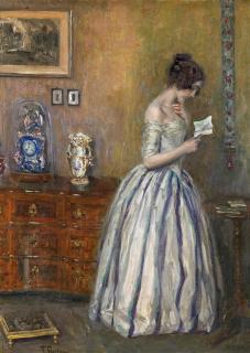 Franz Skarbina - »Bei der Lectüre«. Saloninterieur mit brieflesender Dame.