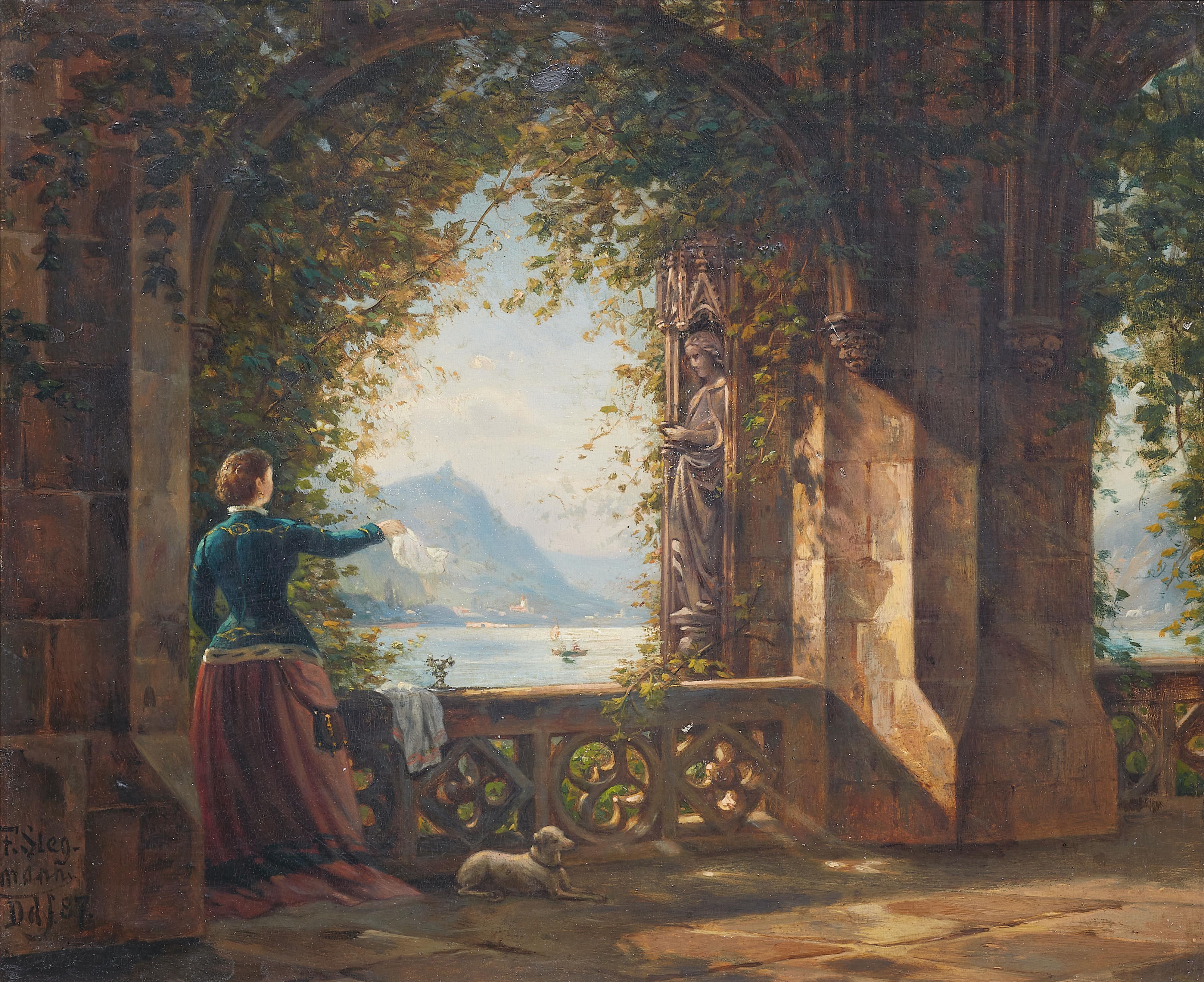 Franz Stegmann - Abschied. Rheinlandschaft mit winkender Frau auf einem Söller