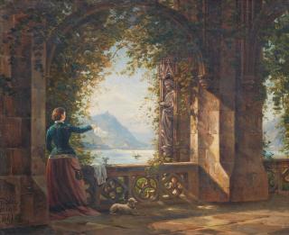Franz Stegmann - Abschied. Rheinlandschaft mit winkender Frau auf einem Söller