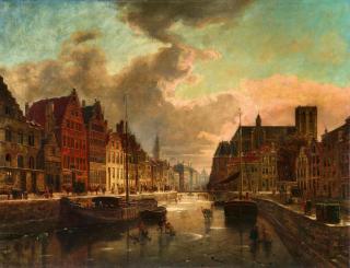 Franz Stegmann - Winterabend in Gent mit zugefrorener Gracht