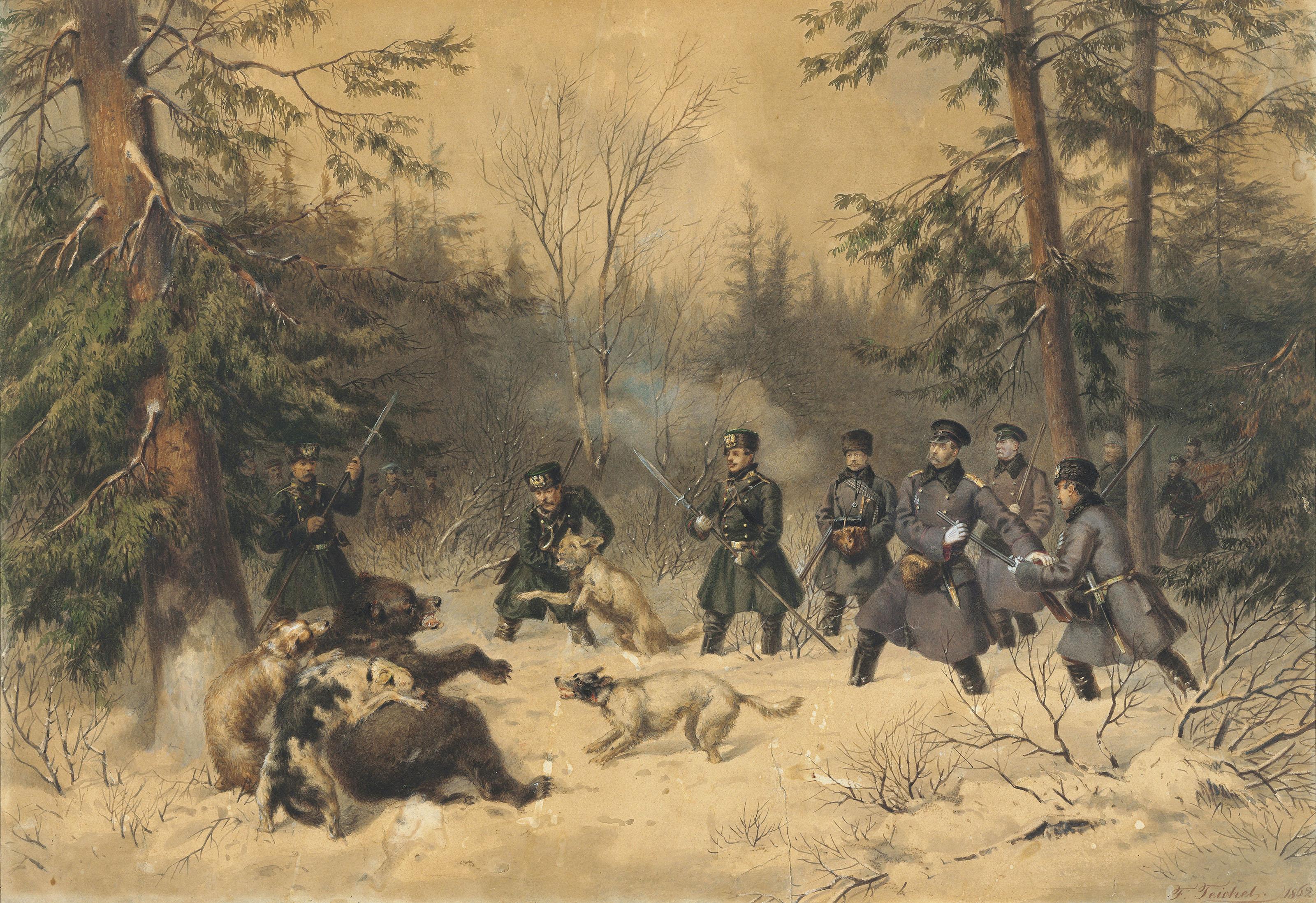 Franz Teichel - Emperor Alexander II (1855-1881) on a bear hunt; and Procession of Alexander II