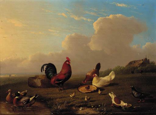 Franz Van Severdonck - Chickens, Ducks And Pigeons In A Landscape