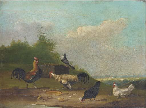 Franz van Severdonck - Hens and a pigeon in a landscape