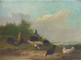 Franz van Severdonck - Hens and a pigeon in a landscape