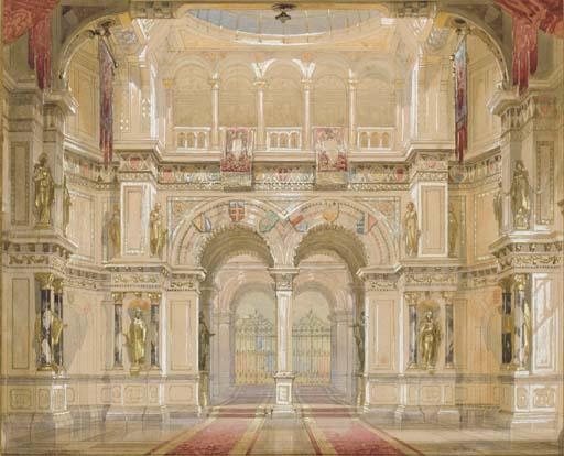 Franz von Alt - The hall of a palace with sculptures and armour