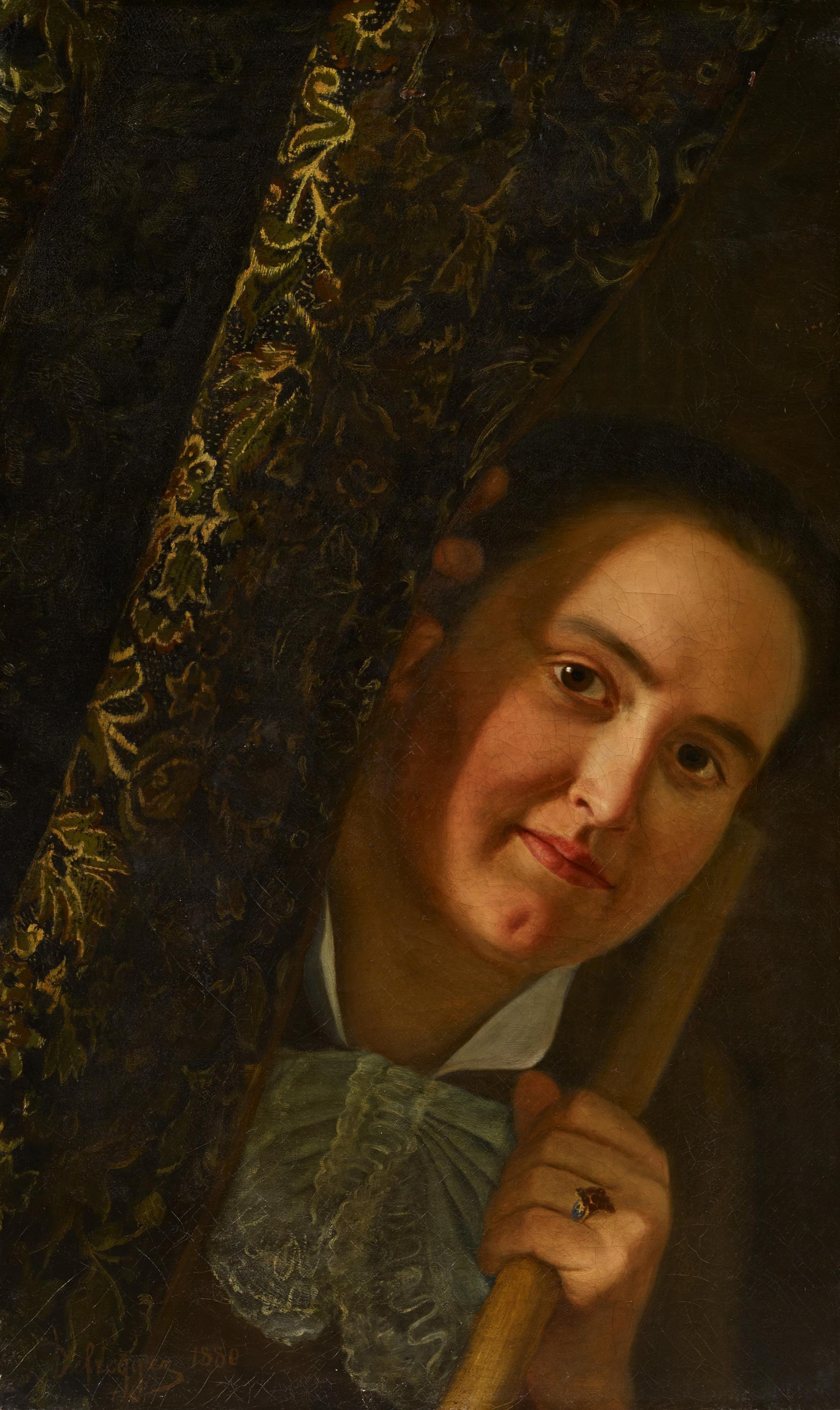 Franz Von Defregger - Junge Frau am Vorhang.