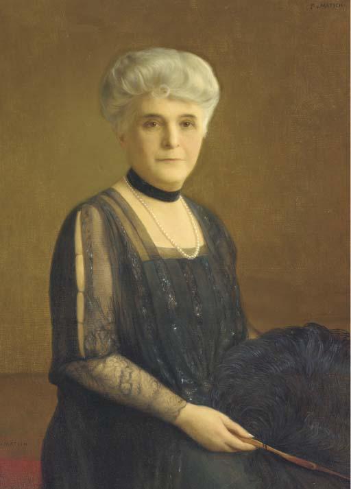 Franz von Matsch - Portrait of A Lady In A Black Dress With A Feather Fan
