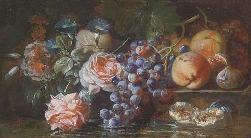 Franz Werner von Tamm - Grapes On The Vine, Figs, Peaches, Roses And Morning Glory Resting On A Stone Ledge Before A Pool of Water