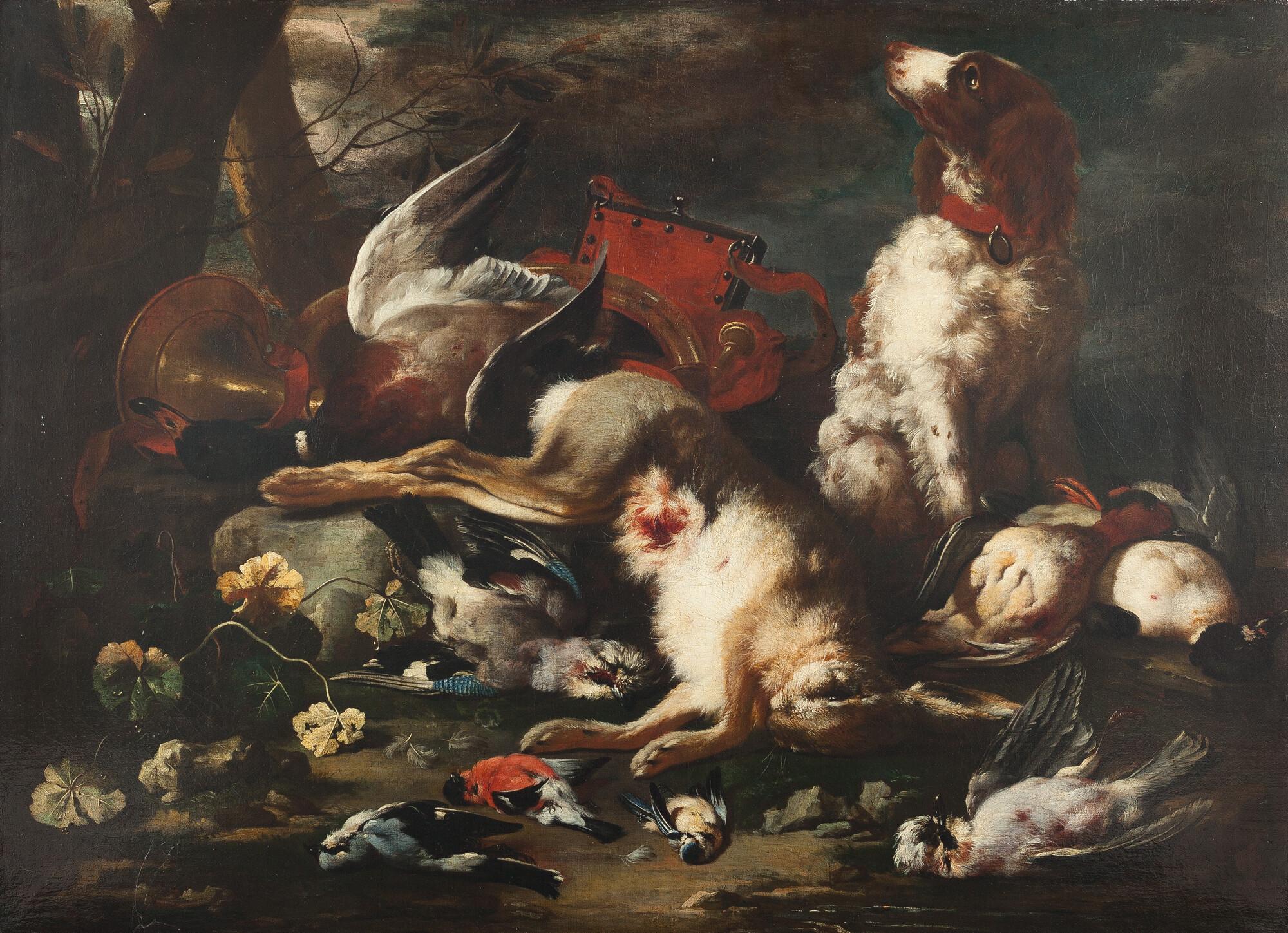 Franz Werner von Tamm - Jagdstillleben mit Jagdhund und roter Pulvertasche