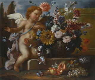 Franz Werner Von Tamm - Still Life Of Flowers In An Urn With A Putto On A Stone Ledge