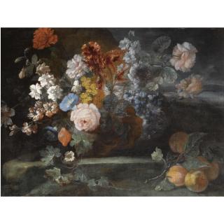 Franz Werner von Tamm - Still Life Of Roses, Morning Glory, Carnations, Forget-Me-Nots And Other Flowers On A Stone Ledge, Together With A Bunch Of Peaches