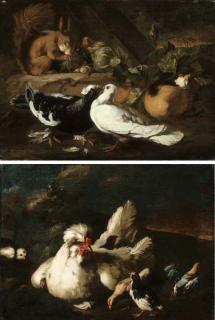 Franz Werner von Tamm - Two courting doves, a squirrel and a guinea-pig on a forest floor; and A hen and chicks in a landscape