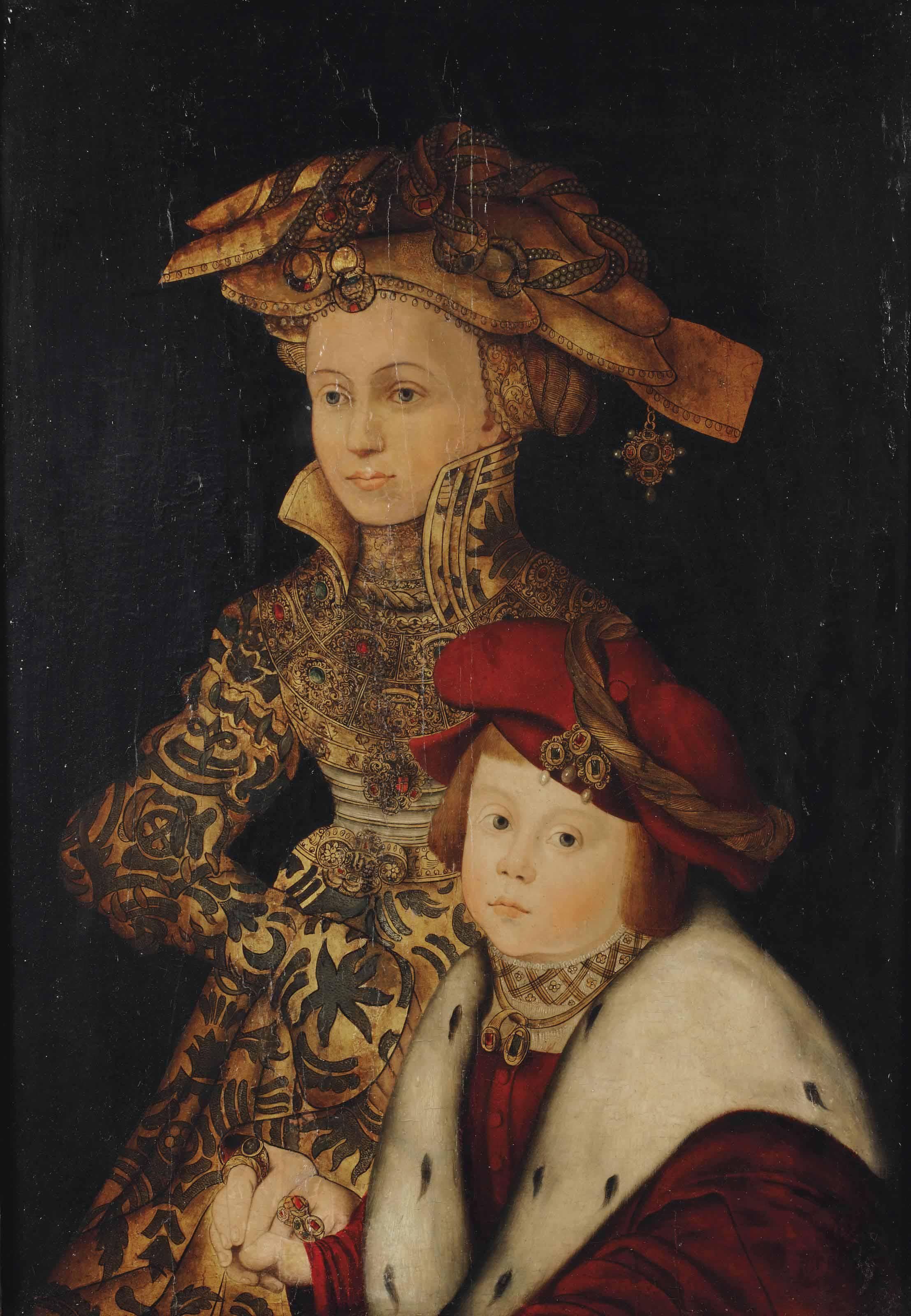 Franz Wolfgang Rohrich - Portrait Of A Lady And Her Son, Three-Quarter-Length, In A Gold Embroidered Dress And A Red Velvet Fur Lined Coat, Traditionally Identified As Sibyl Of Cleves And Her Son
