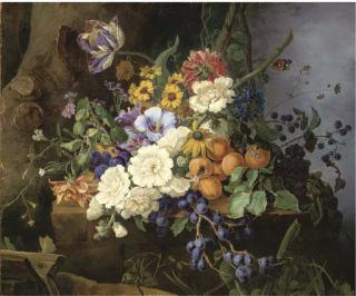 Franz Xaver Gruber - Carnations, Convolvulus And Other Flowers, With Grapes, Apricots, Plums And Blackberries On A Stone Ledge