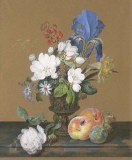 Franz Xaver Nachtmann - A vase of roses, an iris, bluedaisies and other flowers on a ledge with a fly settling on two peaches and a greengage
