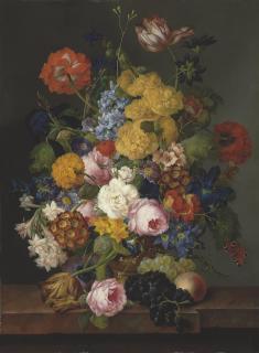 Franz Xaver Petter - An abundant still life with spring and summer flowers in an urn, with fruit, on a marble ledge