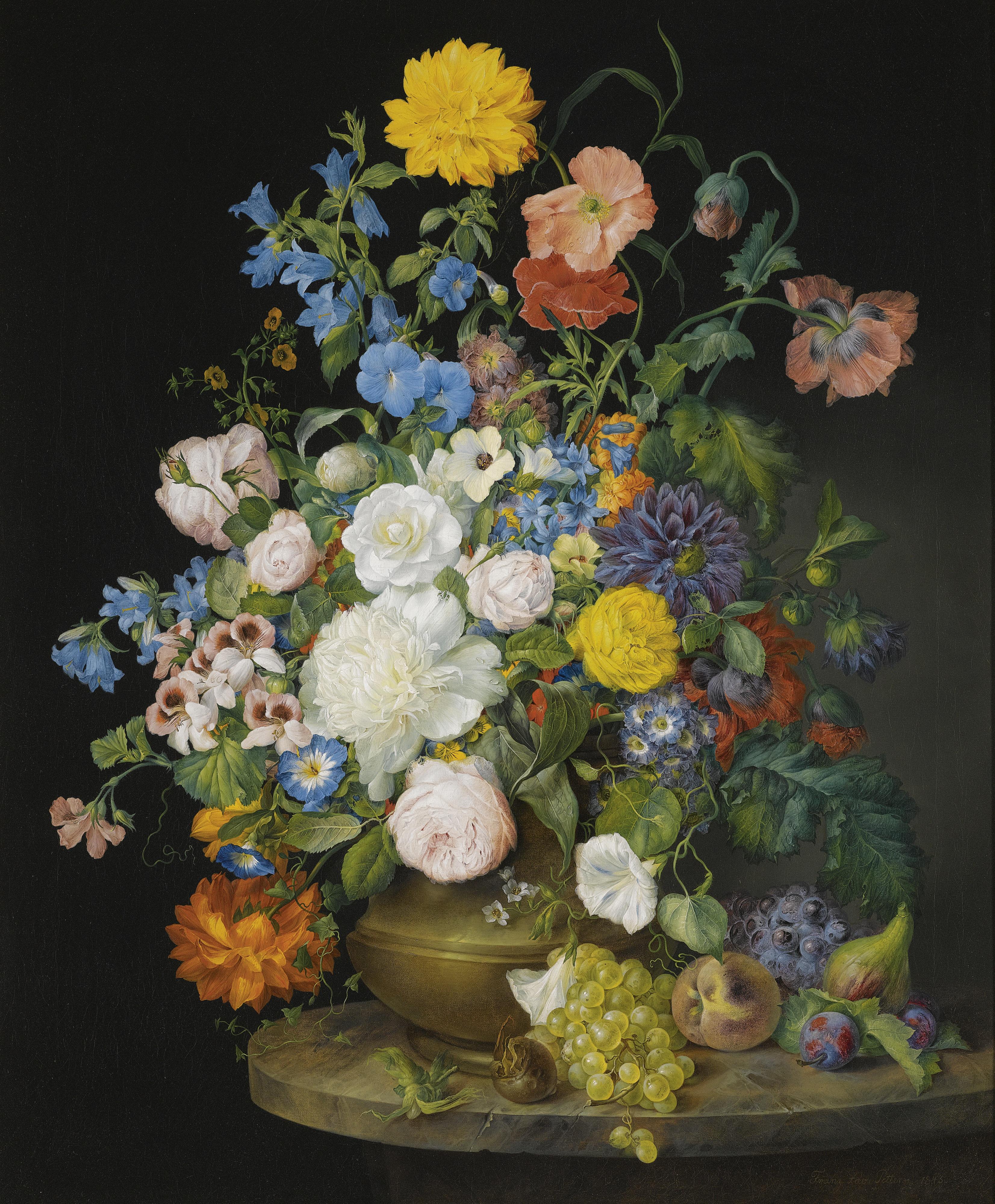 Franz Xaver Petter - Austriana Vase Of Camellias, Geraniums, Dahlias, A White Peony, Roses, Poppies And Other Flowers, With Fruit On A Stone Ledge