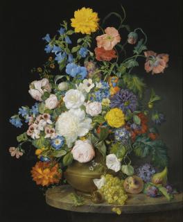 Franz Xaver Petter - Austriana Vase Of Camellias, Geraniums, Dahlias, A White Peony, Roses, Poppies And Other Flowers, With Fruit On A Stone Ledge