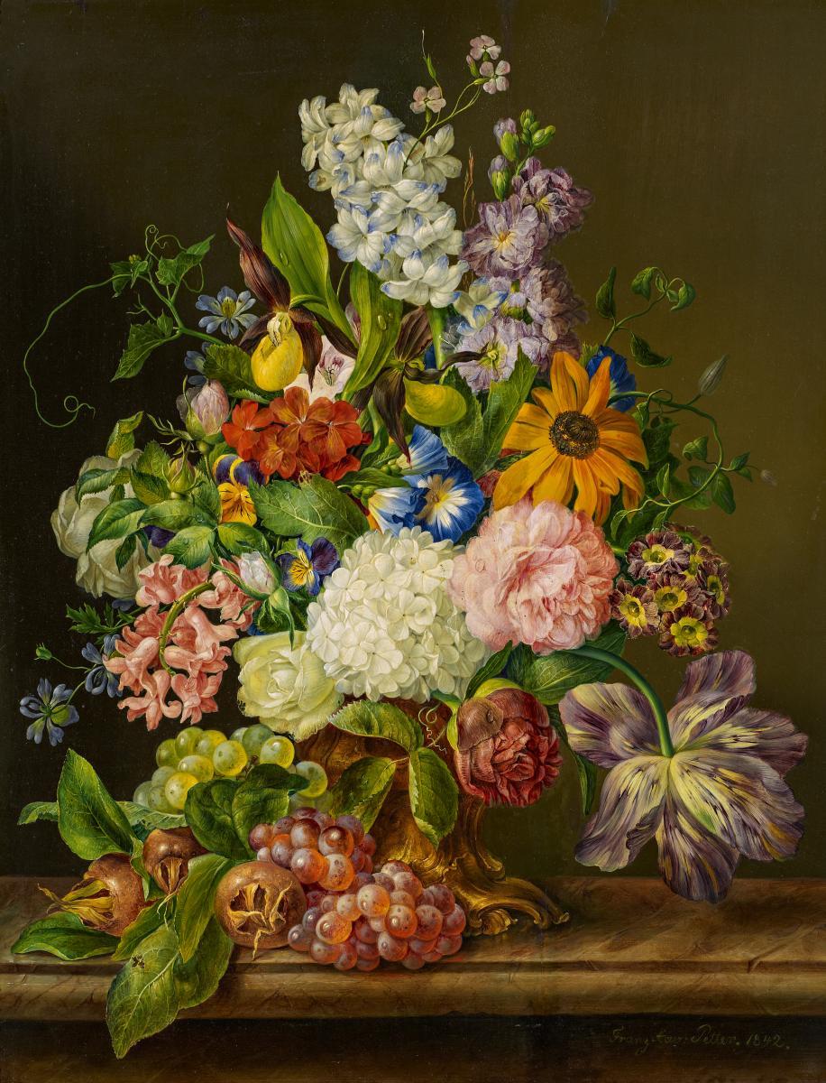 Franz Xaver Petter - Großes Stillleben mit Blüten und Trauben