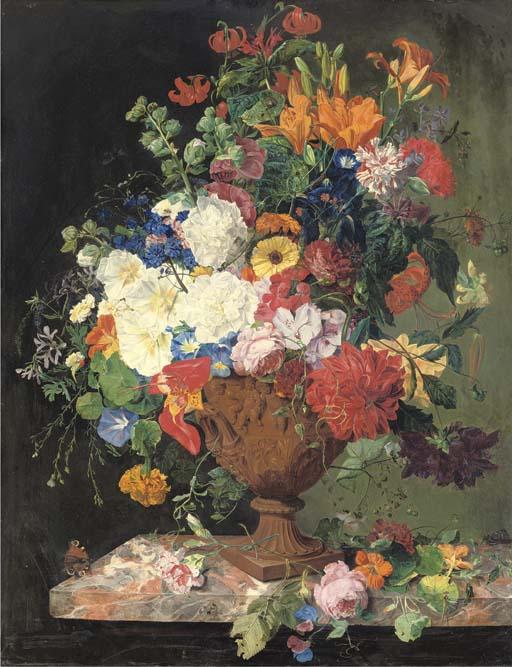 Franz Xaver Petter - Lillies, Convolvuli, Carnations And Roses In An Urn On A Marble Ledge