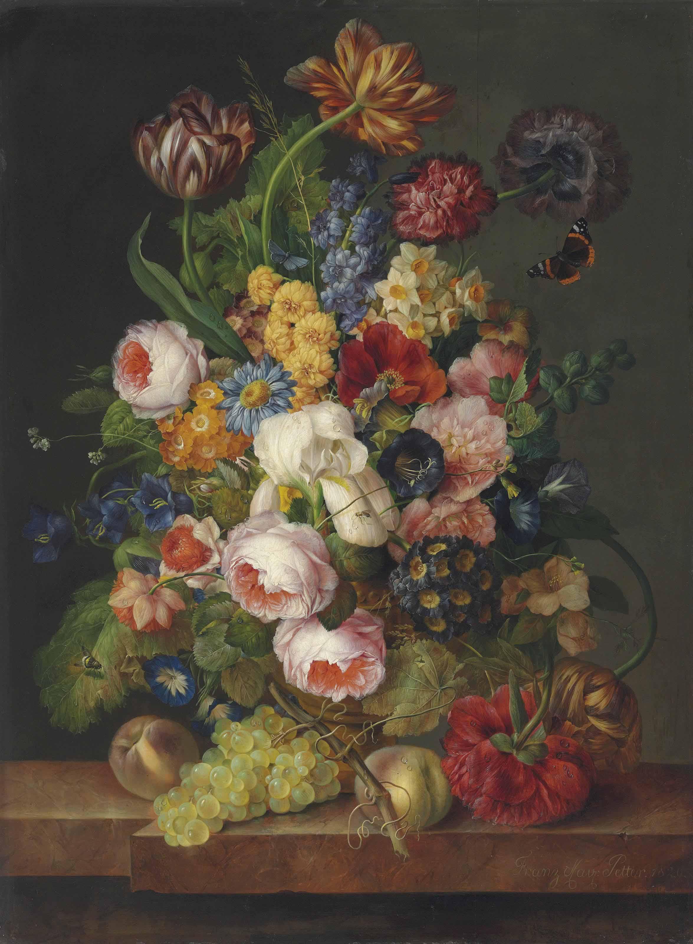 Franz Xaver Petter - Roses, parrot tulips, an iris, daffodils, peonies, morning-glory and other flowers with a Red Admiral, a bee and other insects in a sculpted urn with peaches and grapes on a marble ledge