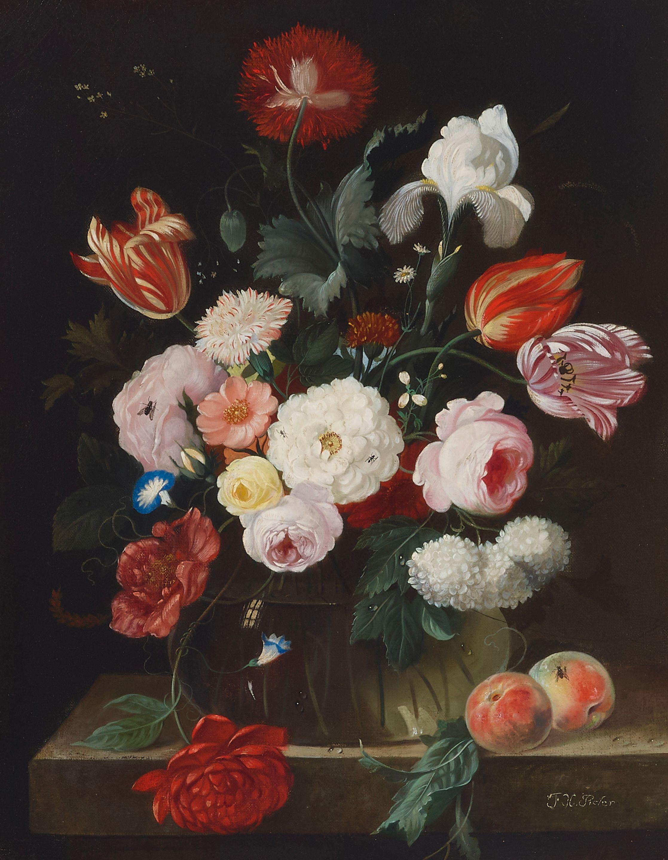 Franz Xaver Pieler - An opulent still life of assorted flowers in a vase with peaches on a stone ledge