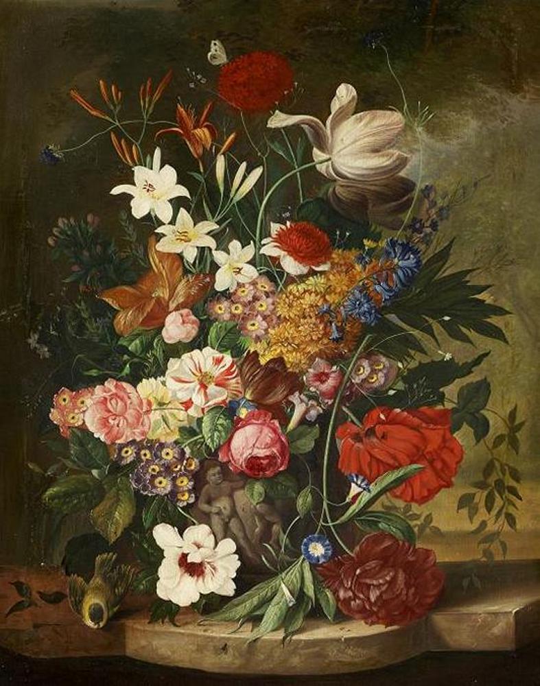 Franz Xaver Pieler - Großes Blumenstillleben mit Insekten und einer Meise
