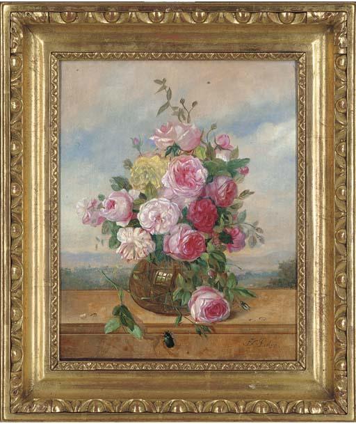Franz Xaver Pieler - Roses in a glass vase, a landscape beyond