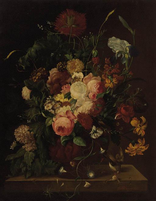 Franz Xaver Pieler - Roses, irises, daffodils, carnations and other flowers in a vase on a ledge