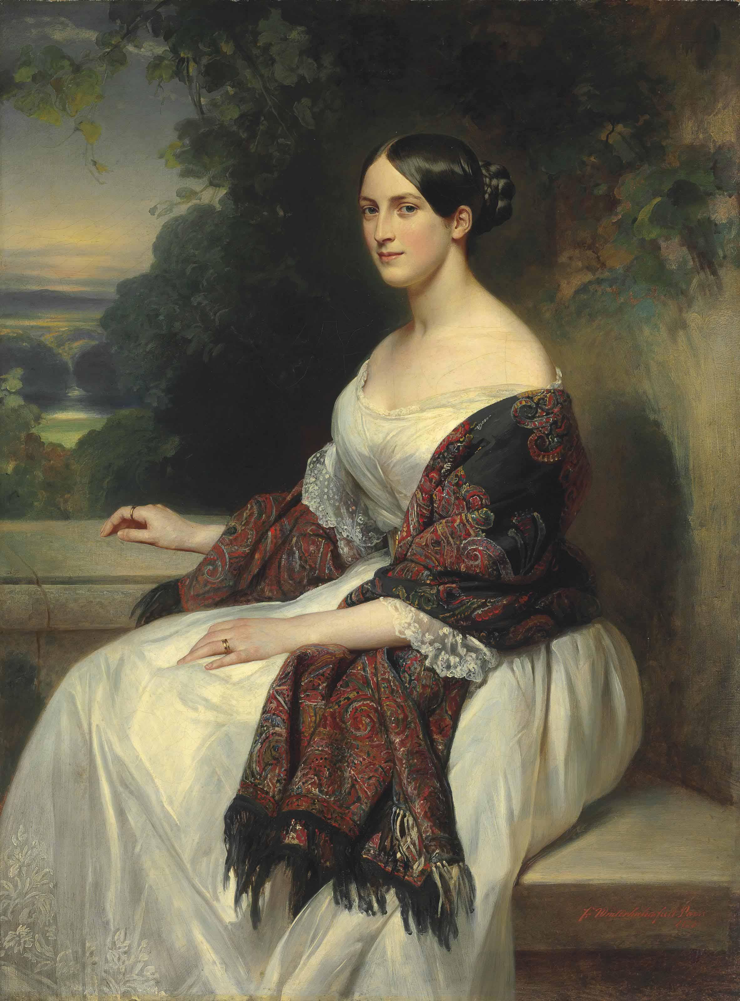Franz Xaver Winterhalter - Portrait of Mrs Ackermann, three-quarter length, seated in a landscape