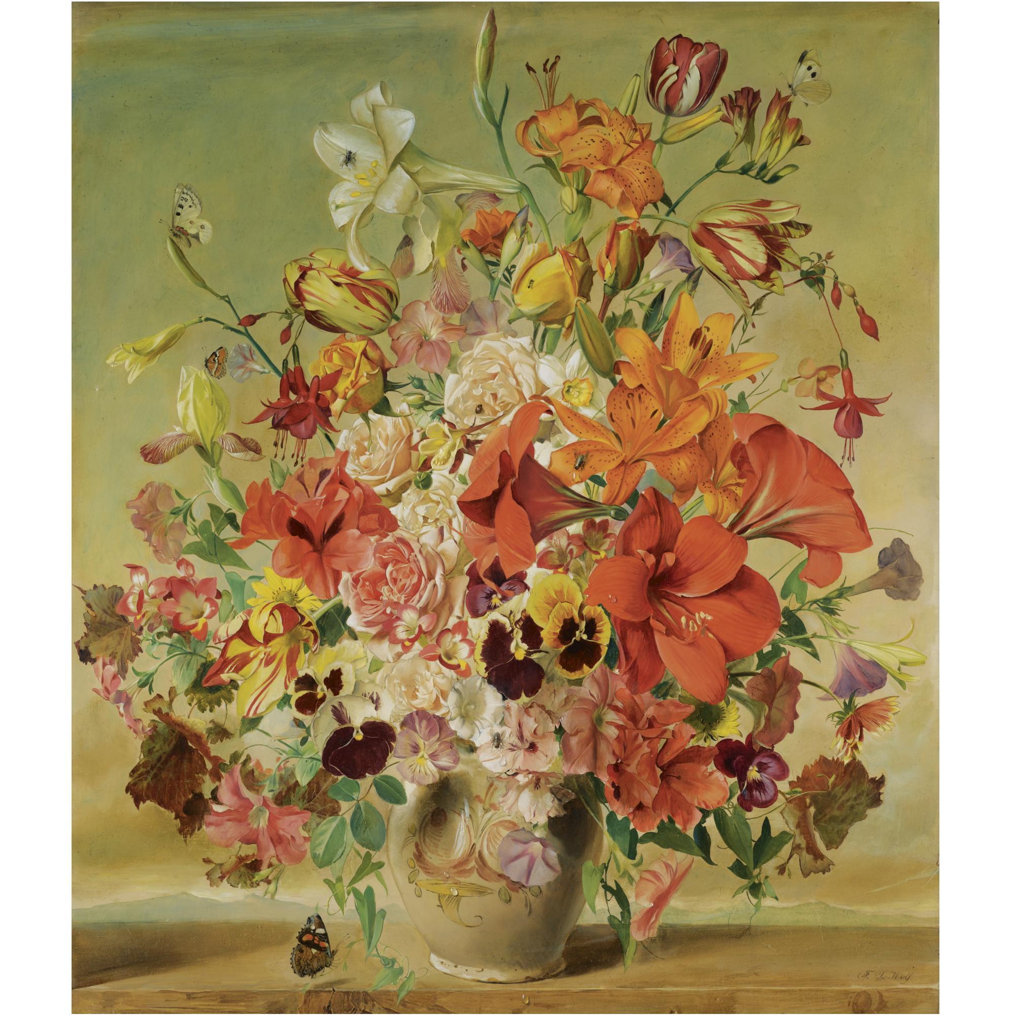 Franz Xaver Wolf - Austrian Blumenstillleben Mit Rosen, Stiefmütterchen Und Lillien (Still Life With Roses, Pansies And Lillies)