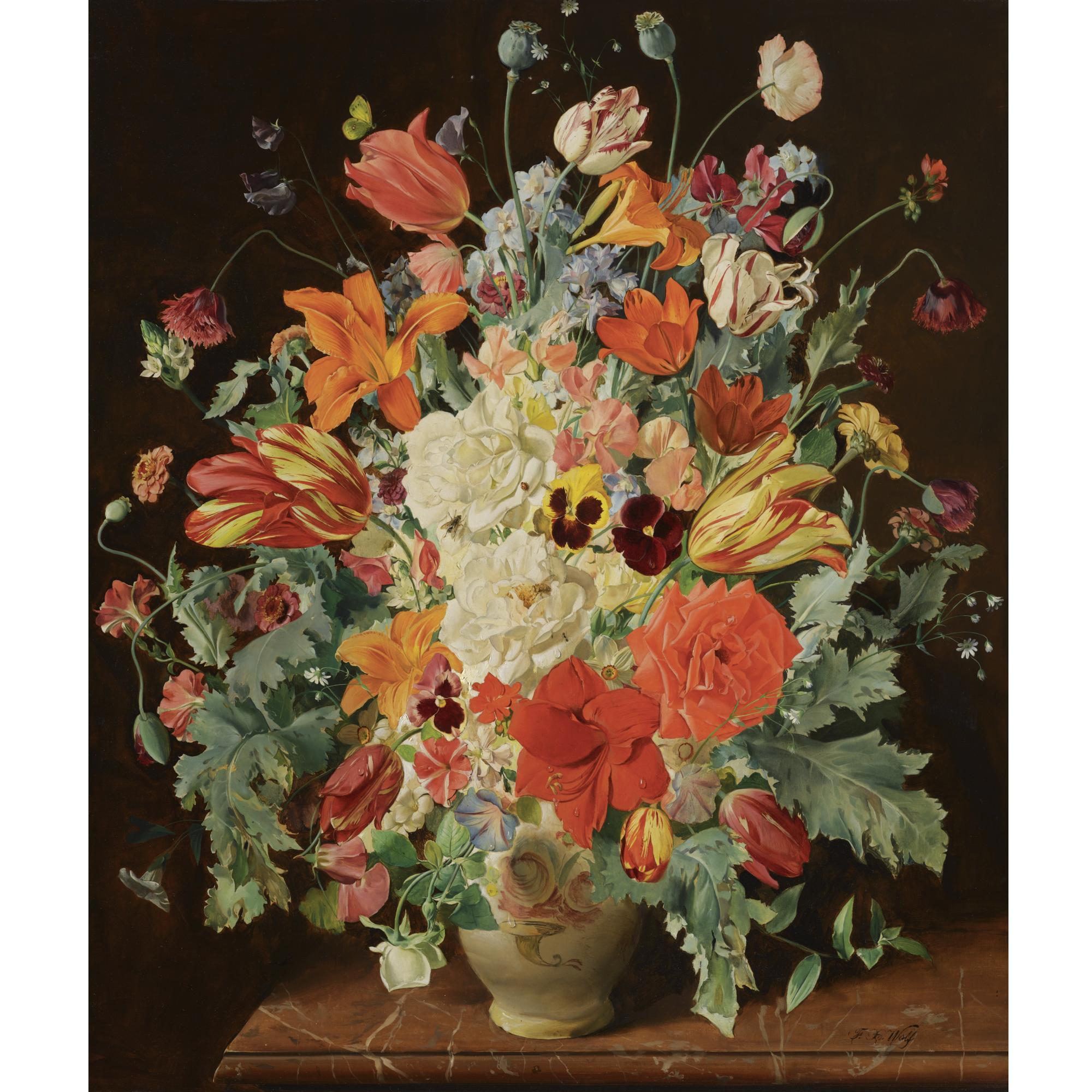 Franz Xaver Wolf - Austrian Blumenstillleben Mit Tulpen, Rosen Und Taglilien (Still Life With Tulips, Roses And Day-Lilies)