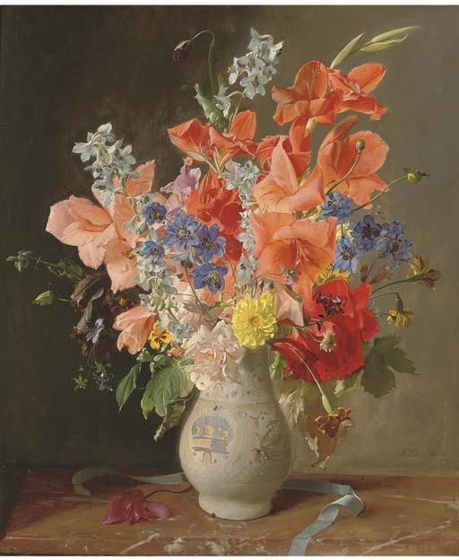 Franz Xaver Wolf - Gladioli, delphiniums, poppies, cornflowers, chrysanthemums, roses, narcissae and other summer blooms in a vase
