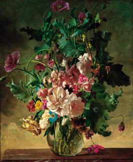 Franz Xaver Wolf - Roses, poppies, sweet peas and other summer flowers in a vase on a marble ledge