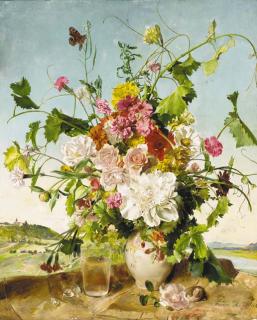 Franz Xaver Wolf - Summer flowers in a ceramic vase, and a glass of water and pendant alongside, a landscape beyond
