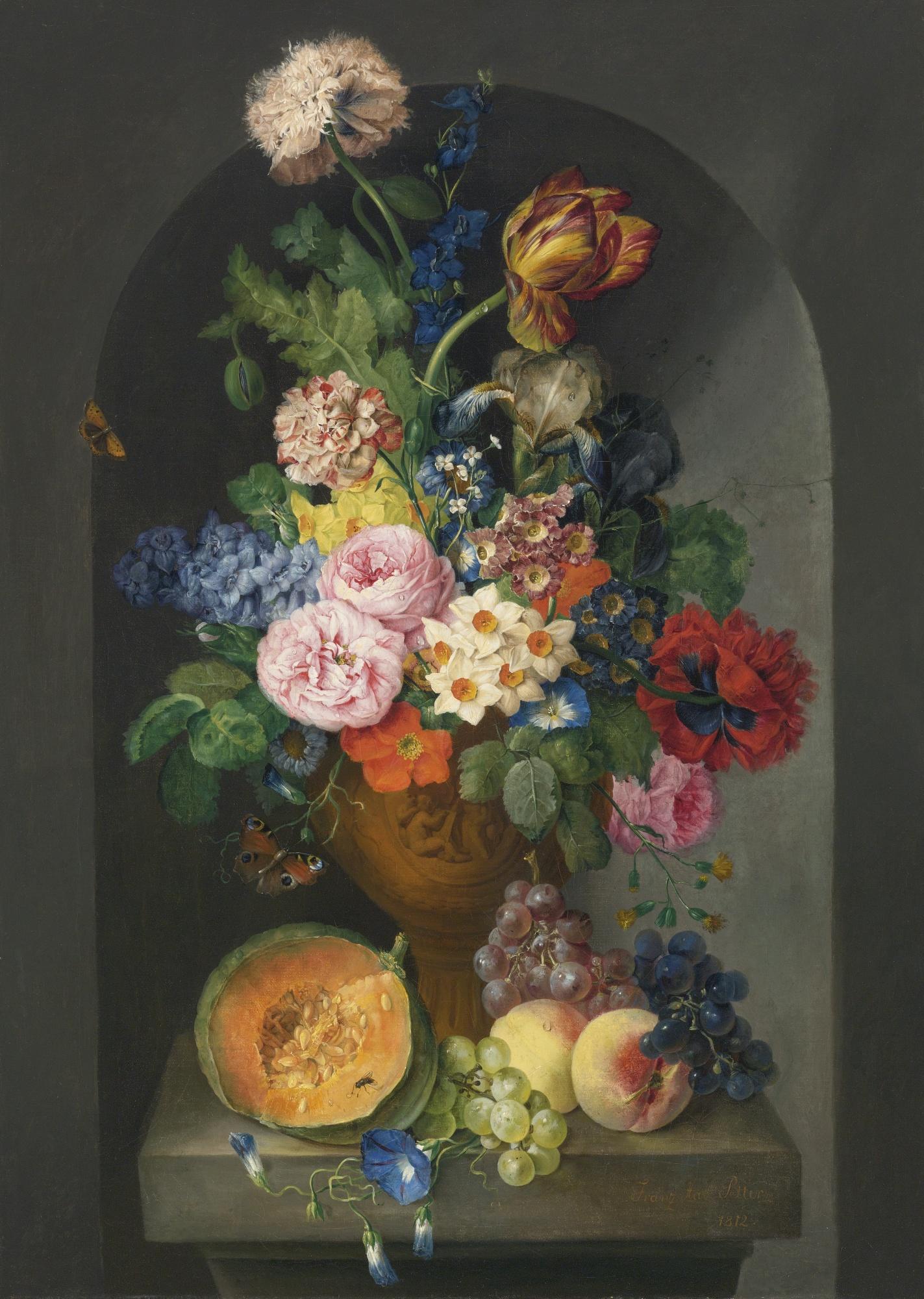 Franz Xavier Petter - A Bronze Urn Of Flowers, With A Melon, Peaches And Grapes, A Butterfly And A Caterpillar