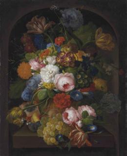 Franz Xavier Petter - A still-life of flowers with grapes, peaches and plums on a stone ledge in a niche