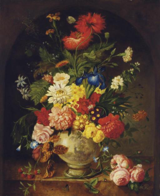 Franz Xavier Pieler - Floral still life with strawberries on a ledge