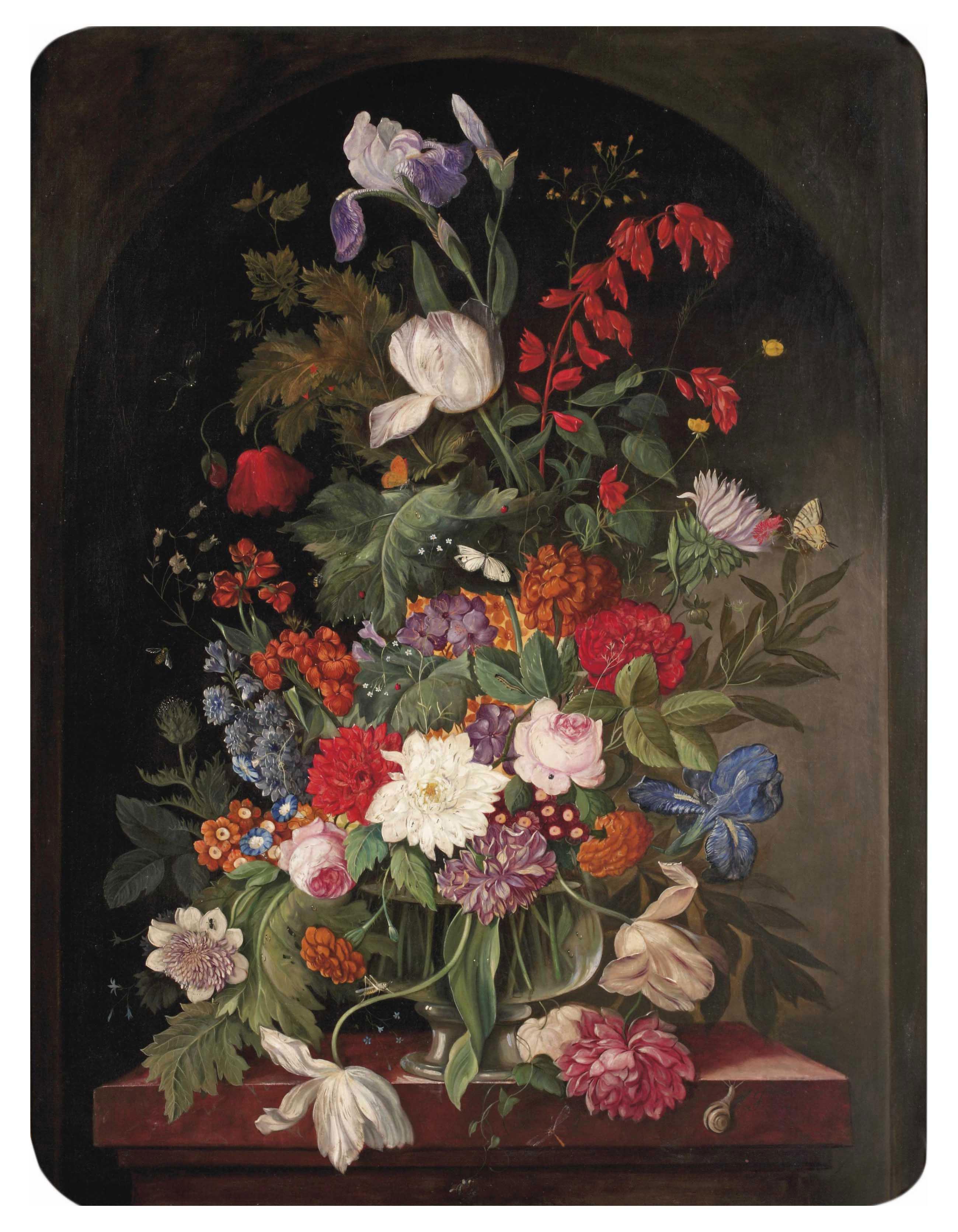 Franz Xavier Pieler - Pink Roses, Peonies, Lilies And Various Other Flowers In A Glass Vase On A Marble Edge In A Stone Ledge